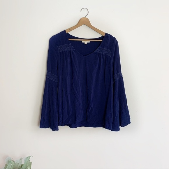 [ModCloth] Navy Blue Boho Long Bell Sleeve Top - Picture 1 of 8